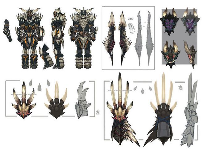 #游戏美术# 卡普空《 怪物猎人:世界 》一些角色服装和怪物的概念设计图。